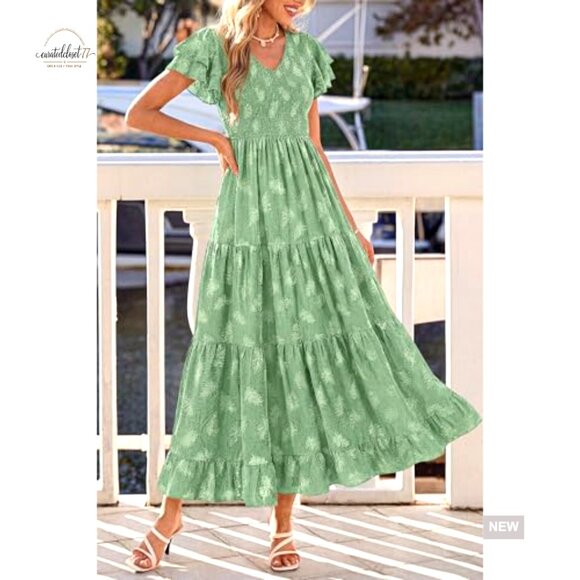Maxi Dress with Ruffle Sleeves V Neck Smocked A Line Floral Boho Tiered Sundress - Picture 4 of 7